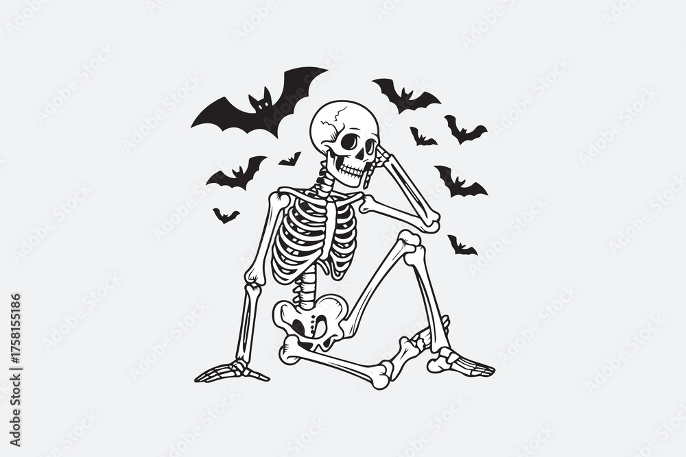 Obraz premium Sitting Skeleton with Flying Bats Halloween Silhouette Vector