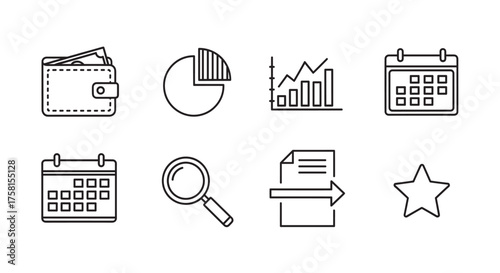 Collection of black outline icons featuring a wallet with cash, pie chart, growth chart, two calendar variants, magnifying glass, document with arrow, and a star.