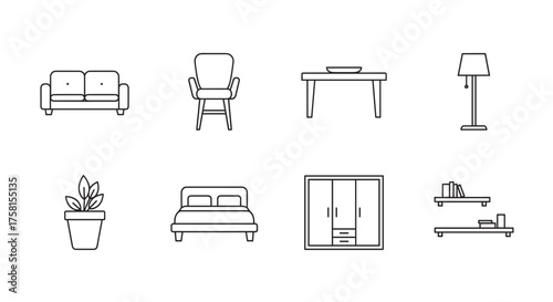 Black outline icons of various furniture items including a sofa, chair, table, floor lamp, potted plant, bed, wardrobe, and wall shelves.