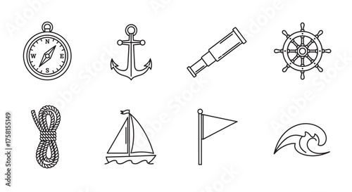 Collection of nautical themed icons including a compass, anchor, telescope, ship wheel, rope, sailing boat, flag, and ocean wave, depicted in black outline style.