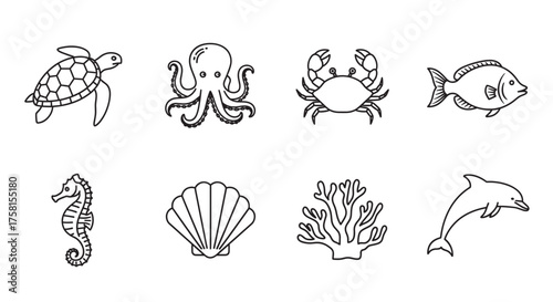 Black outline icons of eight different marine animals including a turtle, octopus, crab, fish, seahorse, shell, coral, and dolphin. each icon features a simple linear design.