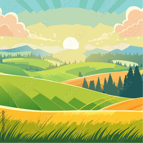 panorama of a beautiful, ecological farmland at sunrise