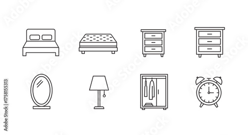 Black outline icons of various bedroom furniture items including a bed, mattress, nightstand, dresser, mirror, lamp, closet, and alarm clock.