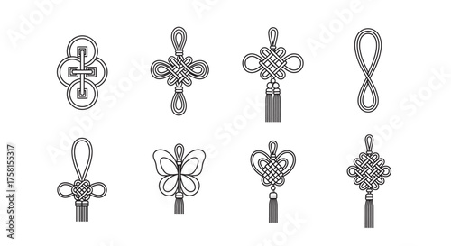 Eight intricate chinese knot designs featuring loops, tassels, and geometric shapes arranged in a linear pattern.
