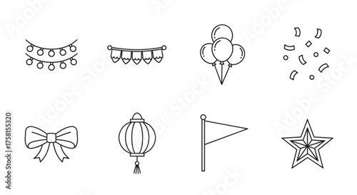 Black outline vector icons of various celebration symbols including string lights, bunting, balloons, confetti, bow, lantern, flag, and star.