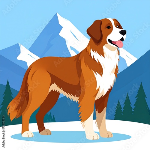 An animated, illustrated dog poses, smiling contentedly, against a backdrop of snowy mountains and evergreen trees