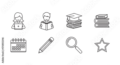 Black outlined icons of a woman with a laptop, a man reading a book, a graduation cap on books, stacked books, a calendar, a pencil, a magnifying glass, and a star.