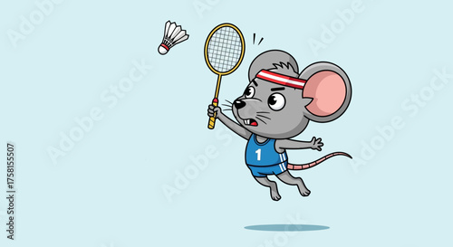 Mouse playing badminton swinging racket at shuttlecock in mid-air wearing sports gear illustrating athleticism perfect for sports-themed designs.