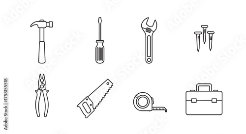 Black outline icons of various hand tools including a hammer, screwdriver, wrench, nails, pliers, saw, measuring tape, and toolbox.