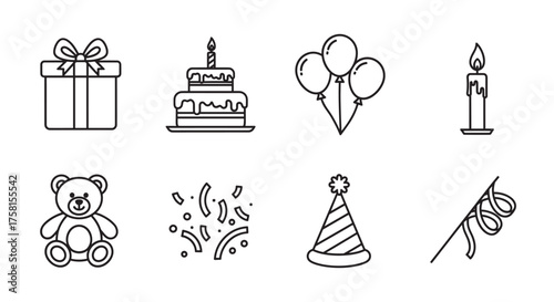 Black outline icons of a gift box, cake with candle, balloons, candle, teddy bear, confetti, party hat, and ribbon. perfect for celebrating birthdays and parties.