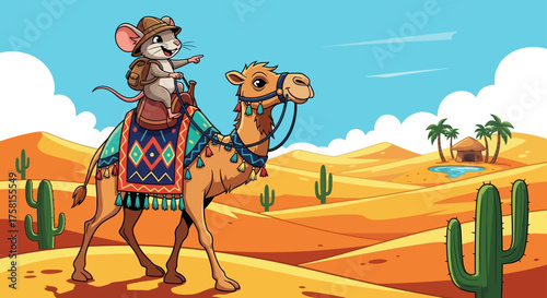 mouse riding camel in desert oasis adventure pointing towards a secluded hut with palm trees perfect for childrens book illustration