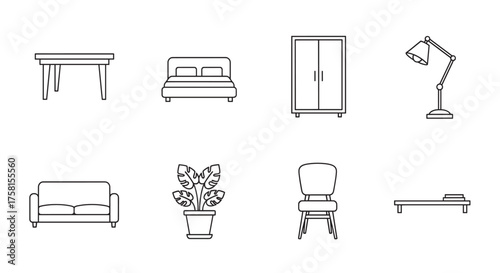 Black outline vector icons of various household furniture including a bed, closet, lamp, sofa, table, plant, chair, and side table.