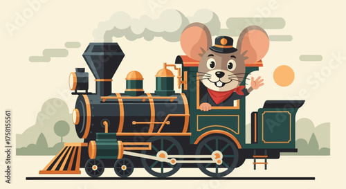 mouse train conductor waving cheerfully from a vintage steam engine traveling through countryside ideal for childrens book illustration