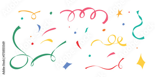 Hand drawn confetti set. Crayon sparkle icons, fireworks, twinkle spirals, doodle chalk shapes for childish birthday, carnival, kid holiday, Christmas, weeding. Grunge Isolated vector illustration.