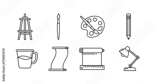 Black outline icons of art tools including easel, brush, palette, pencil, cup, scroll, measuring tape, and desk lamp on a white background.