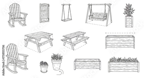 outdoor furniture sketch illustration of a patio set with rocking chairs picnic tables swings and planters ideal for backyard design projects.