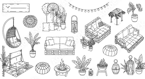 outdoor patio design featuring pallet furniture creating a cozy backyard lounge area with plants and lighting for relaxation and summer gatherings