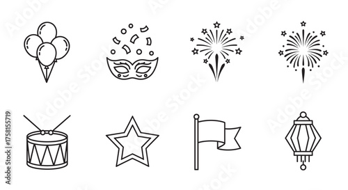 Black outline vector icons of festive elements, including balloons, confetti mask, fireworks, drum, star, flag, and lantern, representing celebration concepts.