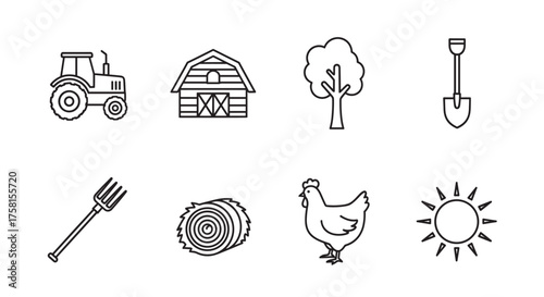 Black outline icons of a tractor, barn, tree, shovel, pitchfork, hay bale, chicken, and sun, representing various farm and agricultural elements.