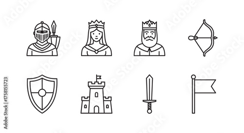Black outline icons depicting medieval themes with a knight, queen, king, bow, shield, castle, sword, and flag.