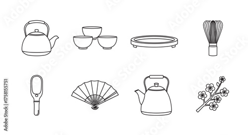 Black outline vector icons depicting japanese tea ceremony items, including a teapot, tea bowls, tea whisk, tea scoop, fan, and cherry blossom branch.