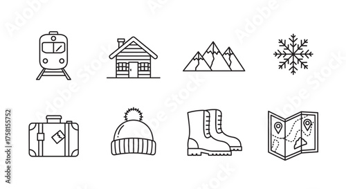 Set of minimalistic black outline icons depicting a train, wooden cabin, mountain range, snowflake, suitcase, winter hat, hiking boots, and a map.