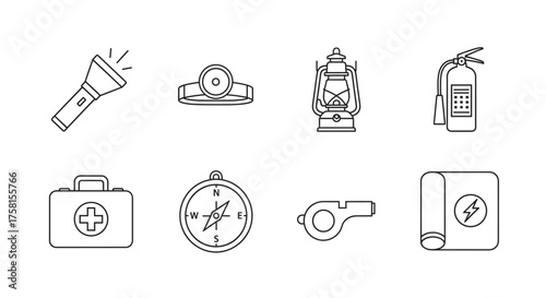 Eight black outline vector icons depicting essential camping and survival gear, including a flashlight, headlamp, lantern, fire extinguisher, first aid kit, compass, whistle, and emergency blanket.