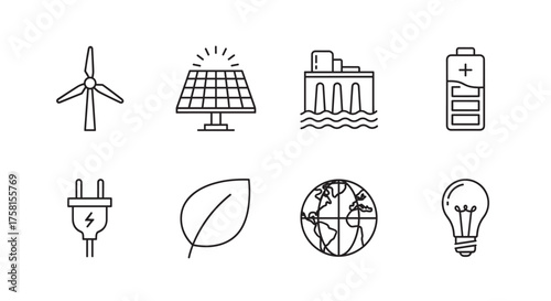 Eight black outline icons representing renewable energy sources and environmental elements including wind turbine, solar panel, hydroelectric dam, battery, plug, leaf, globe, and light bulb.