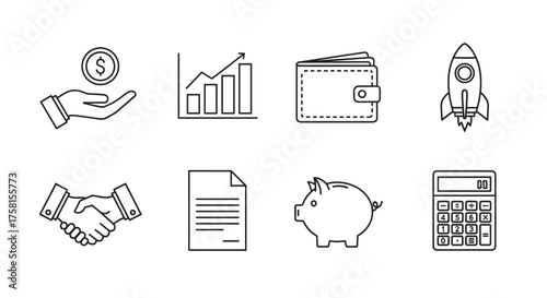 Outline icons representing financial concepts including a hand with a coin, rising bar chart, wallet, rocket, handshake, document, piggy bank, and calculator.
