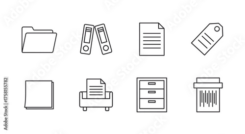 Black outline icons of office supplies including a folder, binders, documents, a tag, a paper stack, a drawer unit, and a shredder, arranged in a grid.