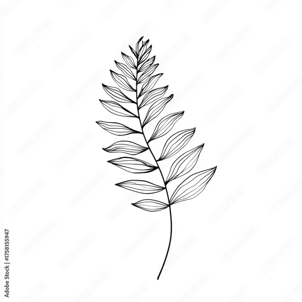 Fototapeta premium Simple linear fern leaf sketch with continuous curved lines, black outline on white background