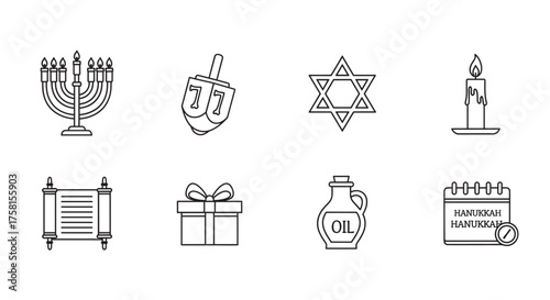 Eight simple black outline icons representing hanukkah symbols, including a menorah, dreidel, star of david, candle, torah scroll, gift, oil jug, and holiday calendar.