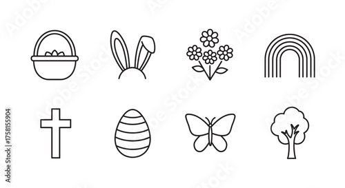 Simple black outline icons featuring easter basket, bunny ears, flowers, rainbow, cross, egg, butterfly, and tree symbolizing springtime and renewal.