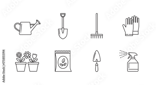 Black outline vector icons of gardening tools including a watering can, shovel, rake, gloves, flower pots, seed packet, trowel, and spray bottle.