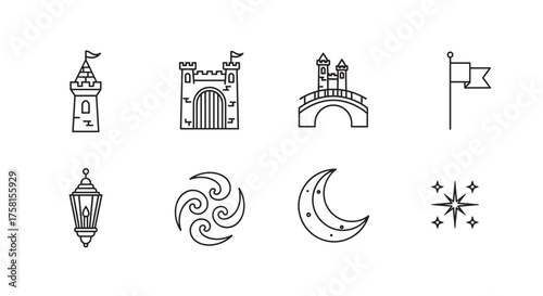 Black outline vector icons of medieval structures and celestial symbols, featuring a castle, bridge, flag, lantern, spiral, crescent moon, and star.