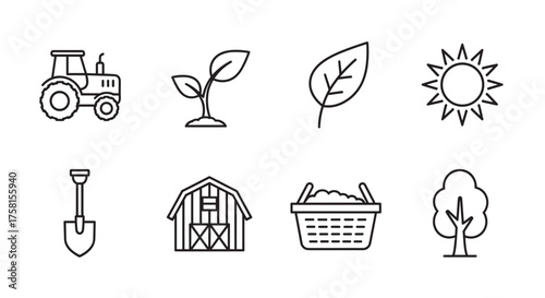 Set of eight black outline icons featuring a tractor, two leaves, a sun, a shovel, a barn, a basket, and a tree for farming and agriculture themes.