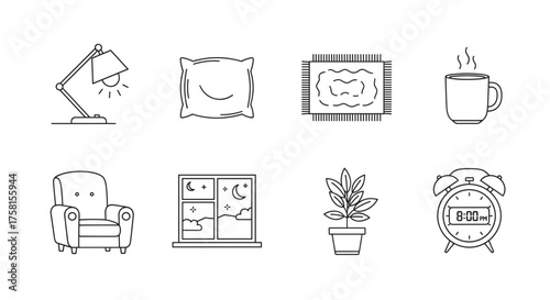 Black outline icons of a desk lamp, pillow, rug, steaming cup, armchair, window with stars, potted plant, and alarm clock displaying 8:00 am.
