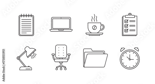 Collection of eight minimal black outline icons depicting various office items such as a laptop, coffee cup, desk lamp, and clock, representing productivity tools.