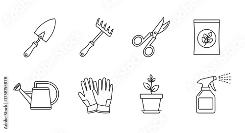Black outline icons of various gardening tools and supplies, including trowel, rake, scissors, seed bag, watering can, gloves, plant pot, and spray bottle.