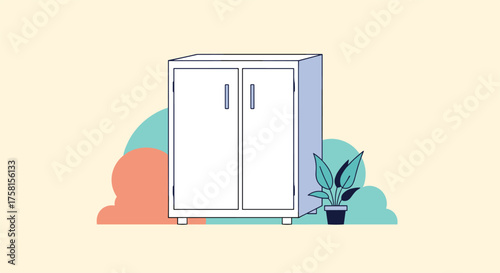 A tall white cabinet with two doors stands in a light-colored room with abstract shapes and a potted plant.