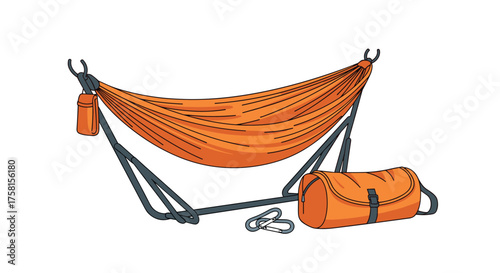 Portable orange camping hammock with stand and carrying bag for outdoor relaxation.