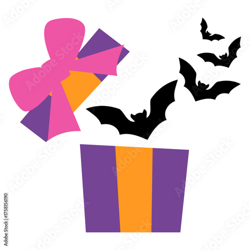 Grupo de murciélagos volando saliendo de un paquete de regalo para tarjetas y felicitaciones de Halloween 