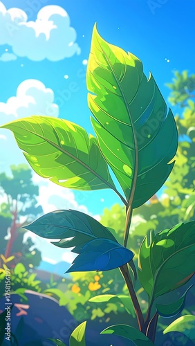 An animated illustration of large, vibrant green leaves, bathed in sunlight, against a backdrop of lush, verdant foliage and a bright blue sky
