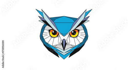 An intelligent owl with striking yellow eyes and striking blue accents on its head.