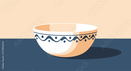 A simple ceramic bowl with a decorative pattern sits on a dark surface.