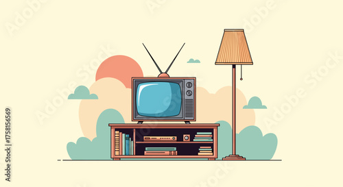 A retro television sits on a wooden stand with a tall lamp beside it under a pastel sky.