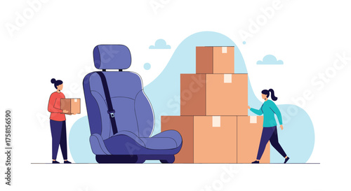 Two people are packing boxes next to a large car seat and a stack of boxes.
