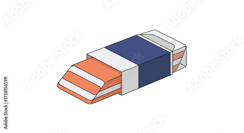 A detailed illustration of a classic white and orange sliding eraser with a blue band.