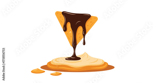 A single corn chip dipped in dark chocolate sauce rests on a creamy white dip with a few smaller chips scattered around.