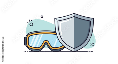 Protective goggles and a silver shield representing safety measures and security.